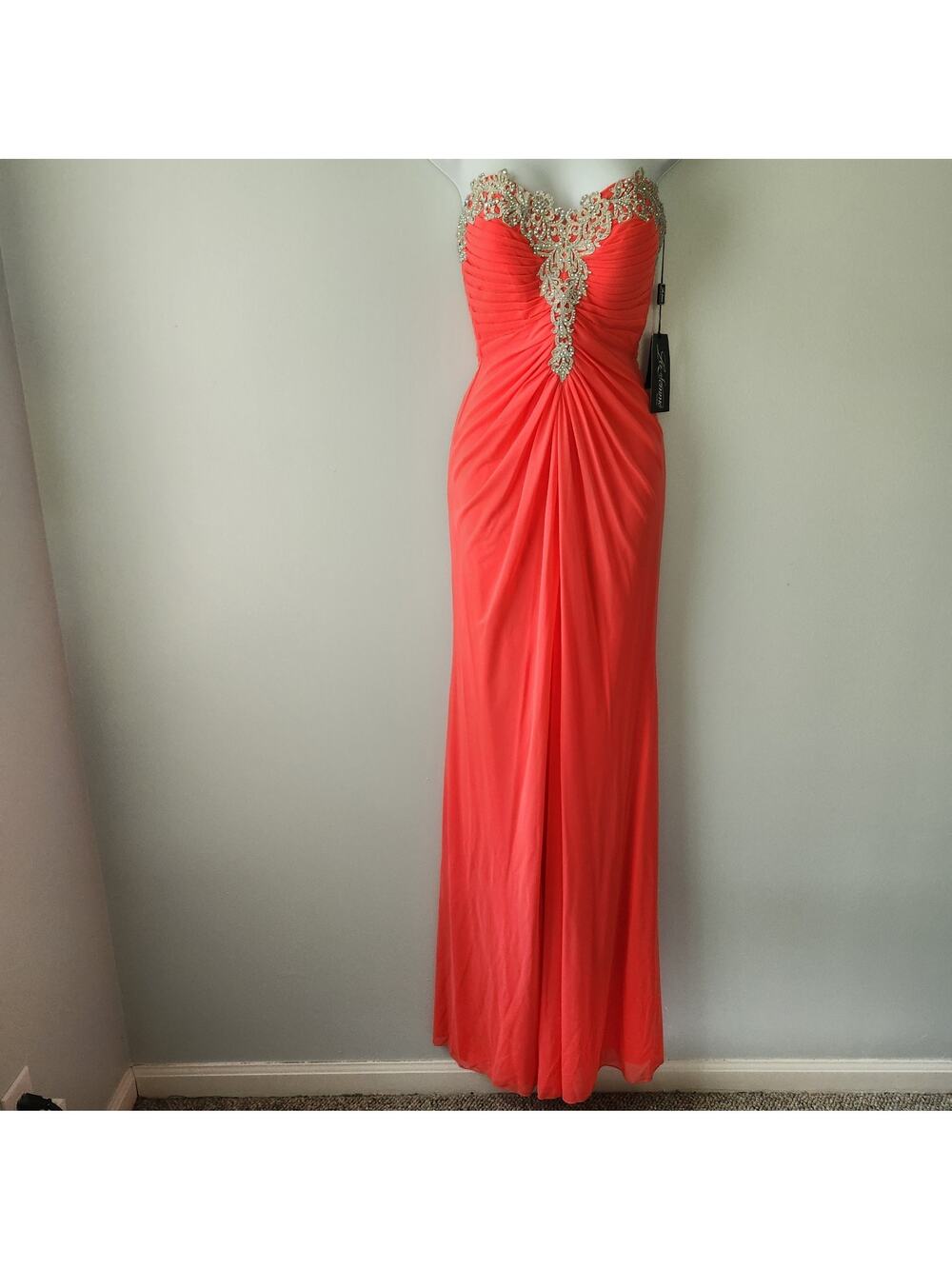 La Femme Maxi Dress Womens 0 Coral Strapless Front Slit Ballgown Braidsmaid Prom